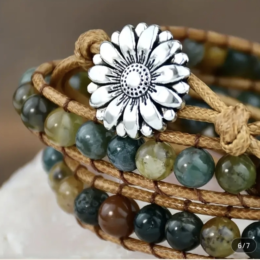Bohemian Wrap bracelet Natural Agate Stone Boho Style Green Silvery Jewelry